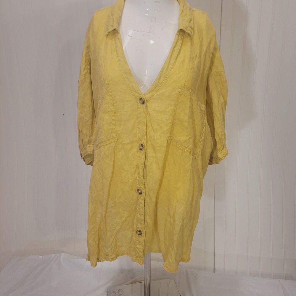 Pilcro size 2X button front linen blouse top shirt deep v-neck flaw hole